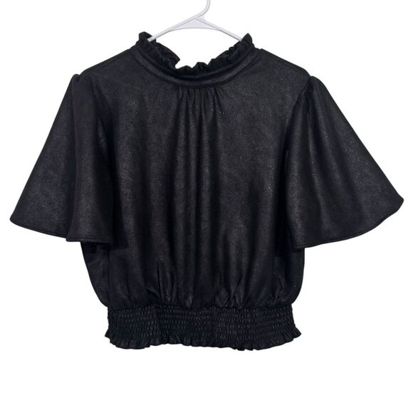 Voy Faux Suede Ruffle Short Sleeve Tie Back Shimmer Top - Picture 1 of 5